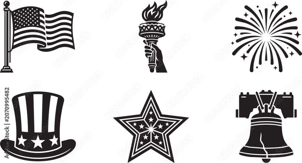 Fototapeta premium USA Patriotic Icon Set: American Flag, Liberty Bell, and Independence Day Symbols