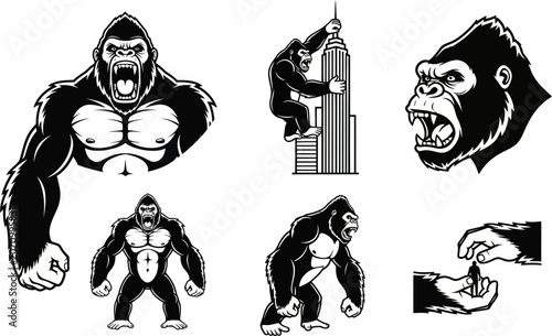 A muscular gorilla in various poses and expressions climbs a city skyscraper aggressively.