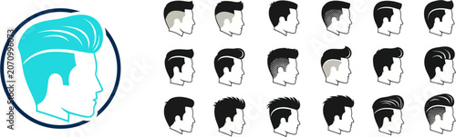 Bild auf Leinwand A digital illustration depicts various hairstyles on multiple heads in a graphic design