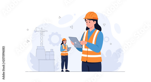 Female Engineers or Architects in Hard Hats Overseeing Construction Project with Tablet and Crane