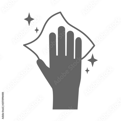 Hand holding a cloth wiping icon on white background.