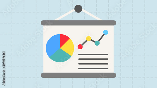 Flat vector illustration template of business presentation board with pie chart, line graph. Ideal for analytics, reporting, statistics, financial analysis, data visualization, and corporate meetings.