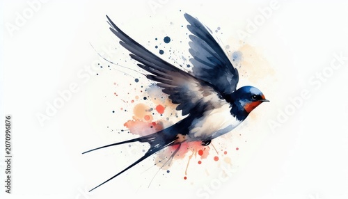 Watercolor Illustration of a Barn Swallow in Flight with Vibrant Splash Effects