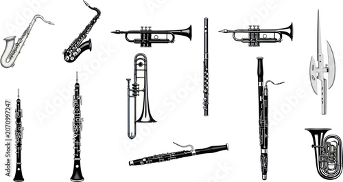 Tableau sur toile Various musical instruments are displayed on a white background for illustration purposes