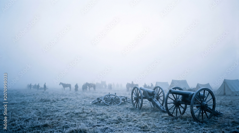 Fototapeta premium A Frozen Battlefield: Two cannons stand ready on a frosty field, shrouded in mist. In the distance, soldiers and horses huddle near tents, evoking a sense of a historic, cold encampment.