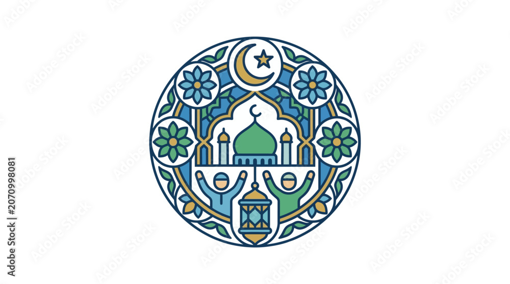 Fototapeta premium Ramadan Kareem Celebration Emblem with Mosque and Lantern
