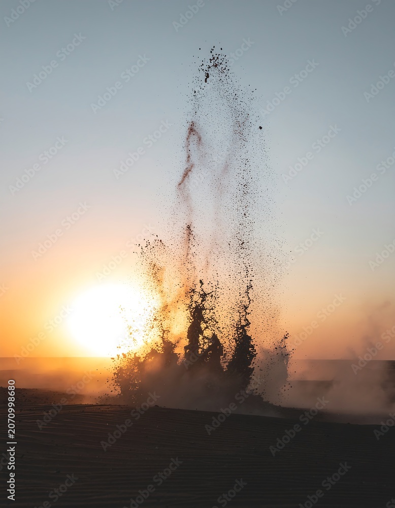 Fototapeta premium Sunset with Dramatic Water Eruption Scene.