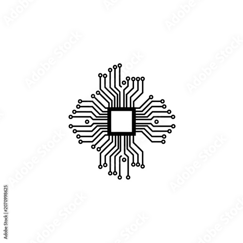 Black CPU Processor Microchip Icon with Circuit Board Lines