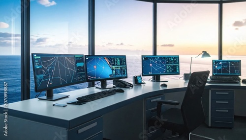 Modern maritime vessel control room with digital navigation displays and radar screens overlooking the ocean at sunset