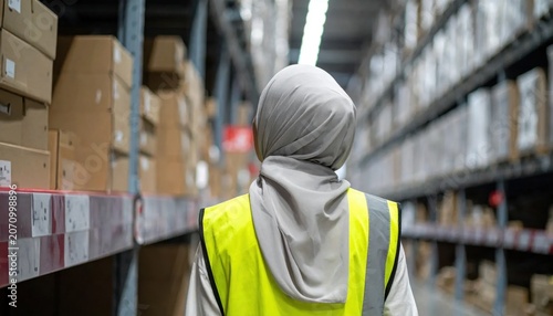 Muslim female warehouse worker in hijab and high visibility vest inspecting stock levels in large distribution center, inventory management and logistics efficiency