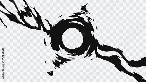 Canvastavla Abstract anime-style energy vortex effect with swirling black ink flames and circular portal shape isolated on transparent background