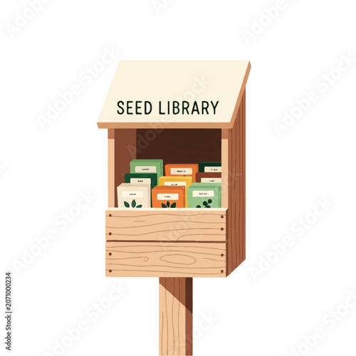 A wooden seed library box on a post in a community garden filled with small labeled seed packets. Sunny morning, welcoming and communal feel. minimalist flat vector artwork, clipart style,