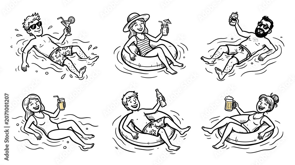 Obraz premium People Relaxing and Drinking in Inflatable Tubes on Water