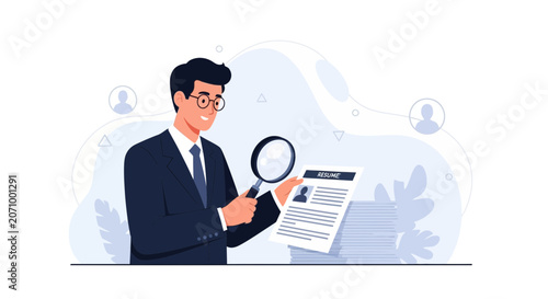 Recruiter Examining Resume with Magnifying Glass, Hiring Process Concept, Human Resources and Job Search