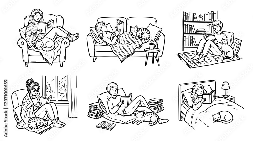 Naklejka premium People Reading Books With Cats Cozy Home Scenes