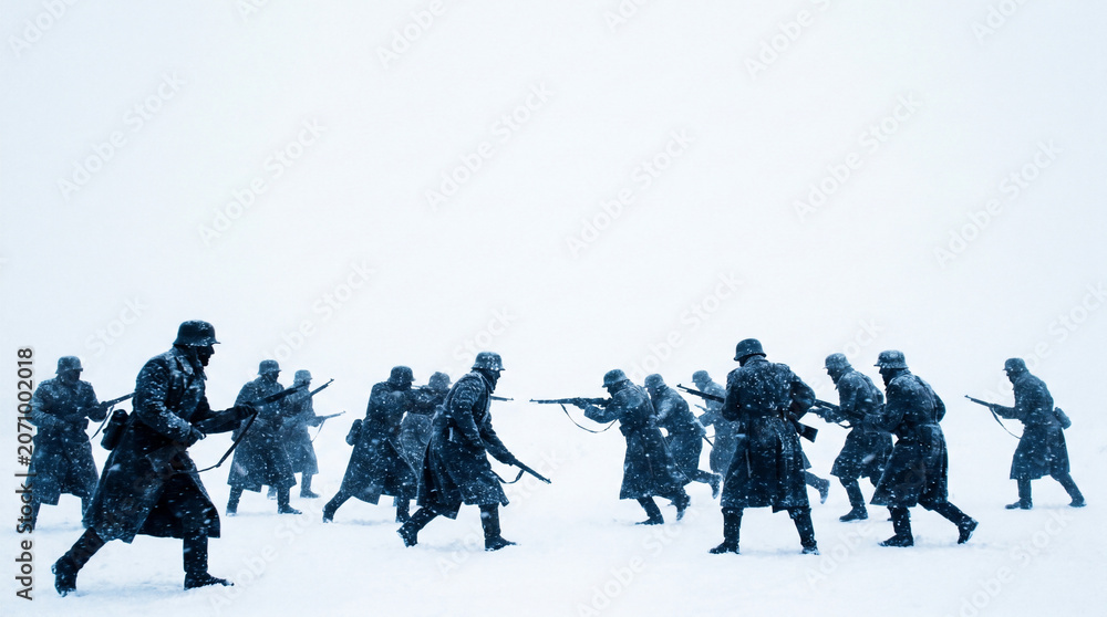 Fototapeta premium Winter Warfare: A group of soldiers in full winter gear advance through a snowy landscape, their rifles held ready, conveying a sense of grim determination and the harsh realities of conflict.