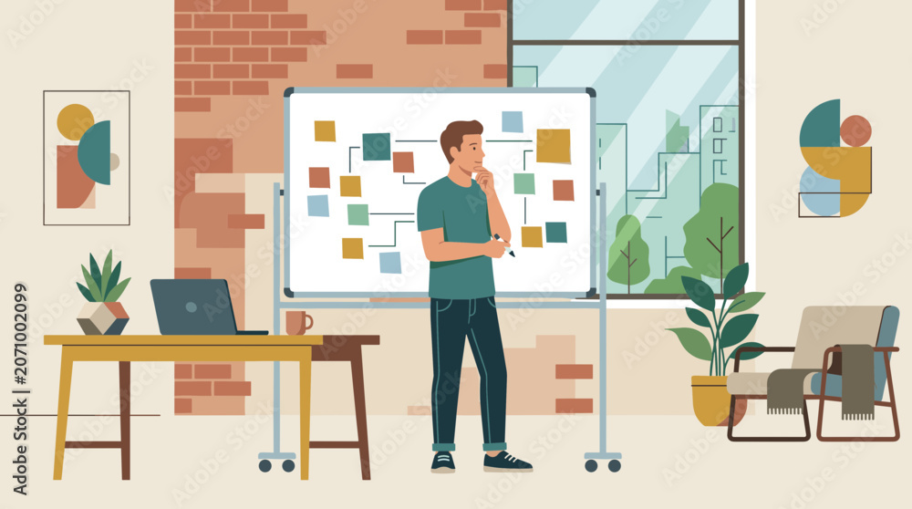 Fototapeta premium Man Planning Strategy on Whiteboard in Modern Office Space