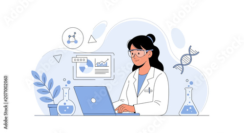 Scientist Working on Laptop in Laboratory with DNA and Flasks, Modern Flat Design