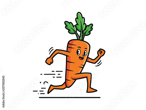 Cartoon carrot character running fast on a white background, healthy lifestyle concept.