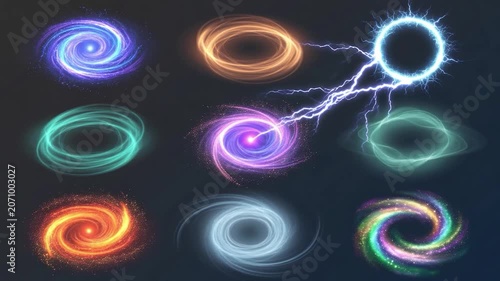 Luminous swirling portals and cosmic energy rings with sparkling lightning effects on a dark background