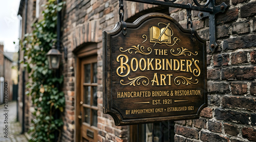 Vintage wooden hanging sign for a handcrafted bookbinding and restoration workshop