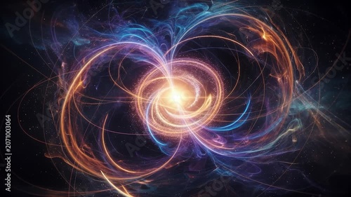 Luminous swirling cosmic energy evolving into a vibrant spiral galaxy with a bright core against a dark nebula background