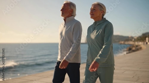 Senior couple strolling the seafront in sportswear, enjoying an active lifestyle and sharing a healthy, loving retirement