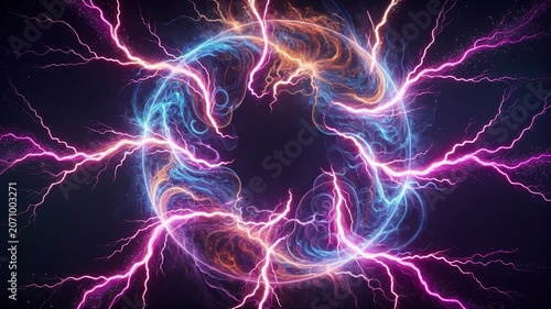 Luminous swirling ring generating vibrant lightning bolts of blue and purple energy against a dark background in a cosmic display