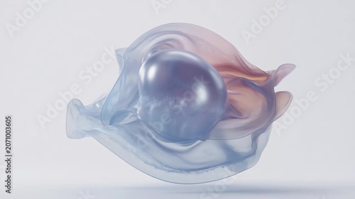 Abstract blue and pink fluid object transforming and releasing bubbles isolated on a white background, concept animation