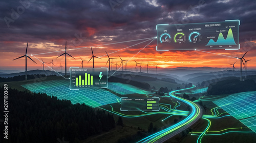 Smart Wind Farm at Sunset With Digital Grid Overlays Showing Renewable Energy Data and Monitoring