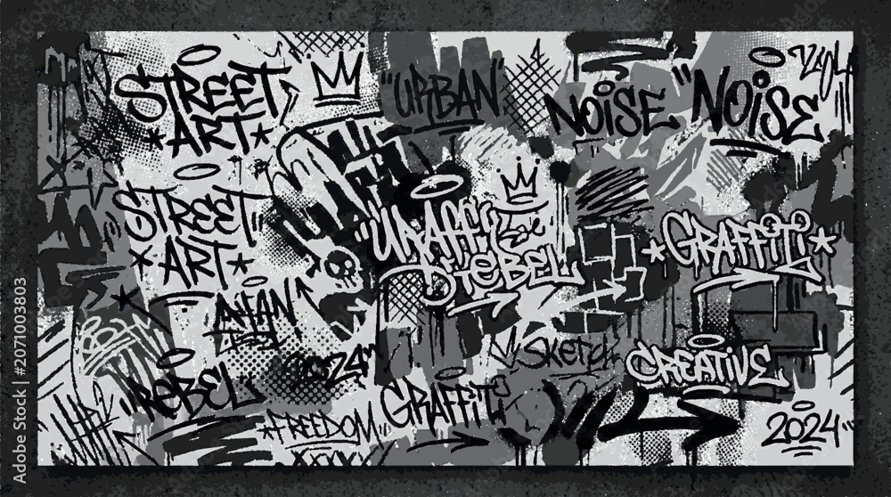 Naklejka premium Monochrome graffiti background with urban street art