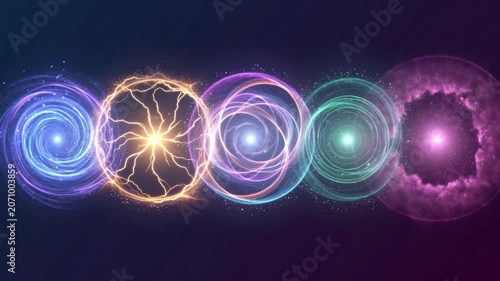 Cosmic energy spheres pulsating with lightning, swirling galaxies, and abstract plasma orbs on a dark background