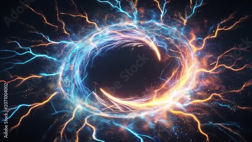 Luminous energy portal forming with electric bolts and particles, revealing a swirling core of bright, futuristic power