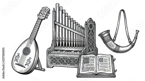 Принти на полотні Vintage medieval musical instruments and old manuscript