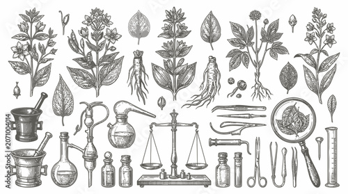 Tableau sur toile Vintage apothecary tools and medicinal herbs laboratory set