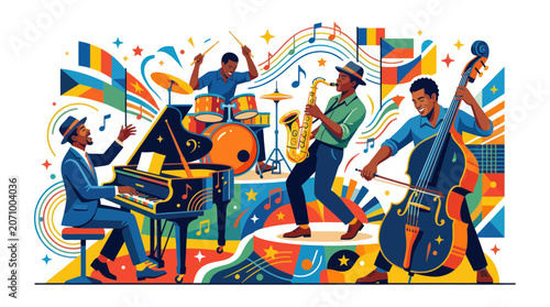 Jazz musicians performing on a colorful vibrant stage
