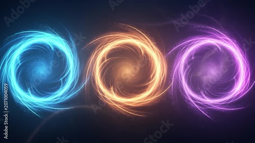 Three magical portals glowing, swirling, and sparkling with blue, orange, and purple luminous energy