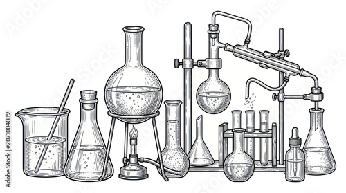 Vintage chemistry laboratory equipment and glassware
