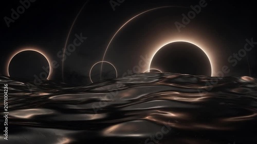Luminous solar eclipse rings rising above a dark waving liquid surface in a science fiction landscape