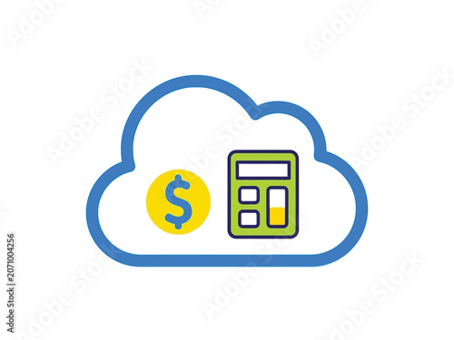 Cloud computing financial analysis with calculator and dollar sign.