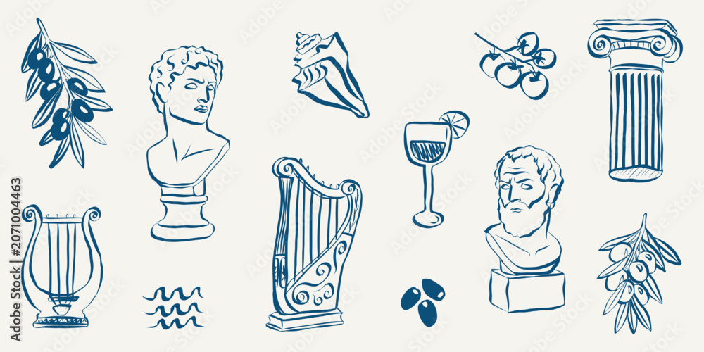 Naklejka premium Ancient Greek statue doodles featuring Mediterranean icons, hand-sketched mythology symbols, columns and greece elements. Ideal for summer vacation designs or cultural artwork projects