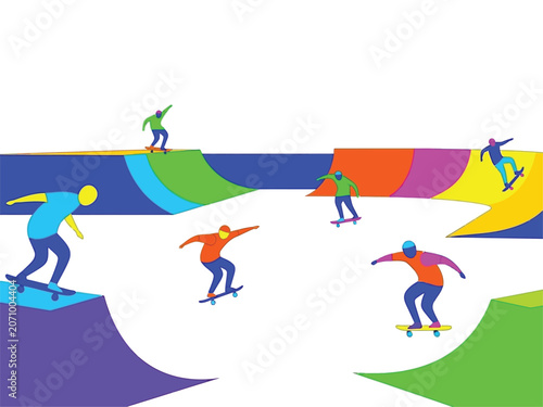 Colorful skateboarders performing tricks on ramps in a vibrant skatepark setting.