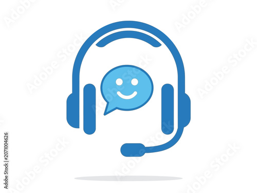 Customer service icon with smiling face in speech bubble and headset.