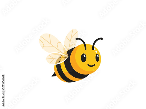 Cute cartoon bee with yellow and black stripes, smiling happily, flying around.