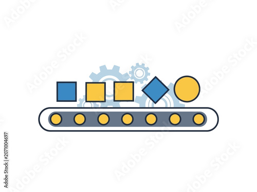 Conveyor belt carrying geometric shapes representing a production process.