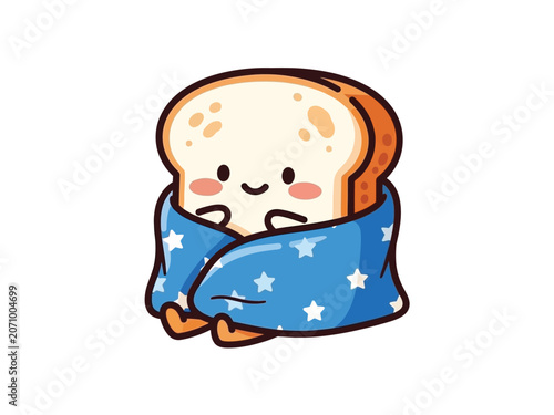 Cute cartoon bread slice wrapped in a cozy blue blanket with stars.