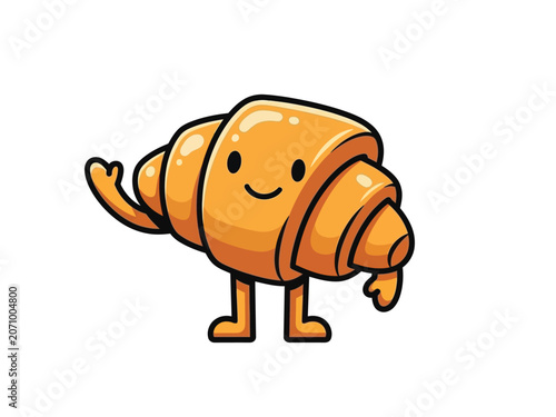 Cute cartoon croissant character with a happy smiling face and arms waving hello.