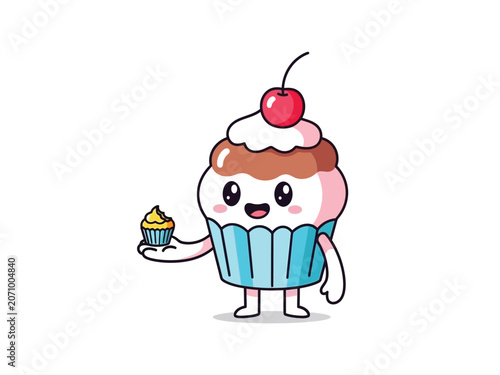 Cute cartoon cupcake character holding a tiny cupcake in its hand.