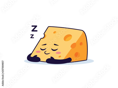 Cute cartoon cheese wedge sleeping peacefully with closed eyes and arms.