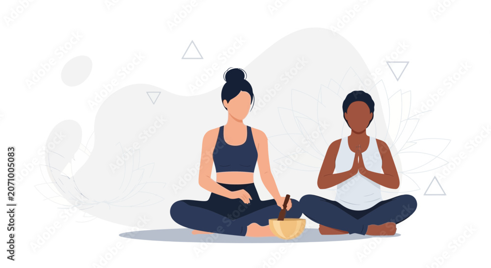 Fototapeta premium Two people meditating in lotus pose, one with a singing bowl, promoting wellness and mindfulness.